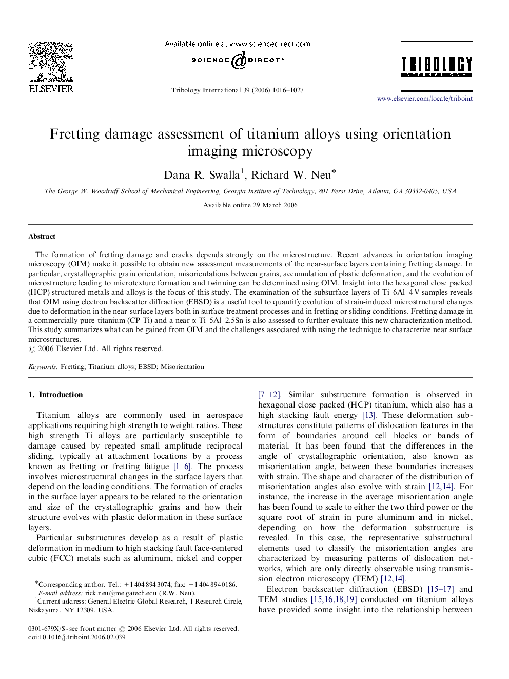 Fretting damage assessment of titanium alloys using orientation imaging microscopy