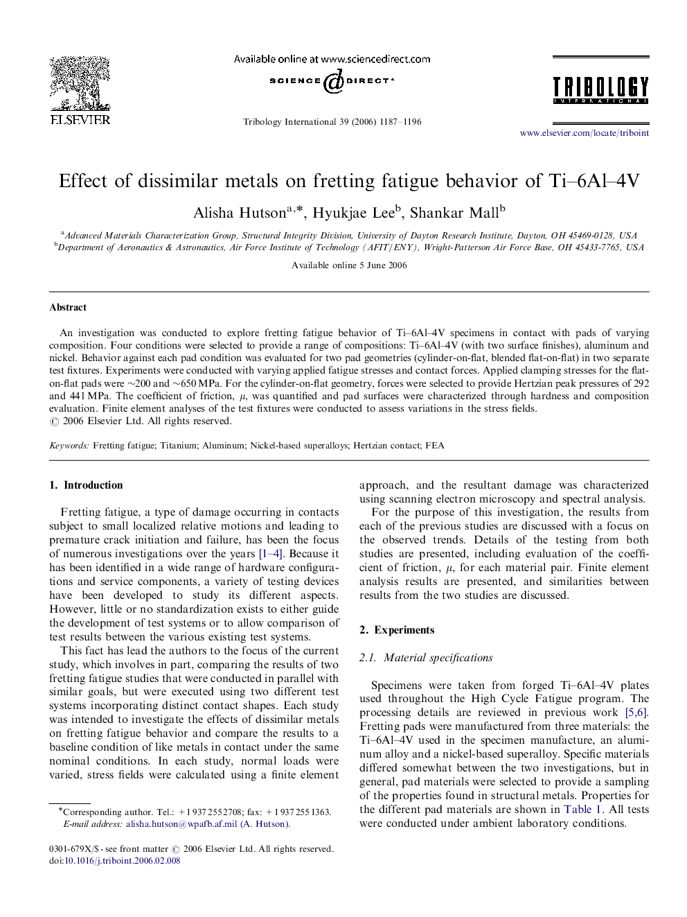Effect of dissimilar metals on fretting fatigue behavior of Ti–6Al–4V