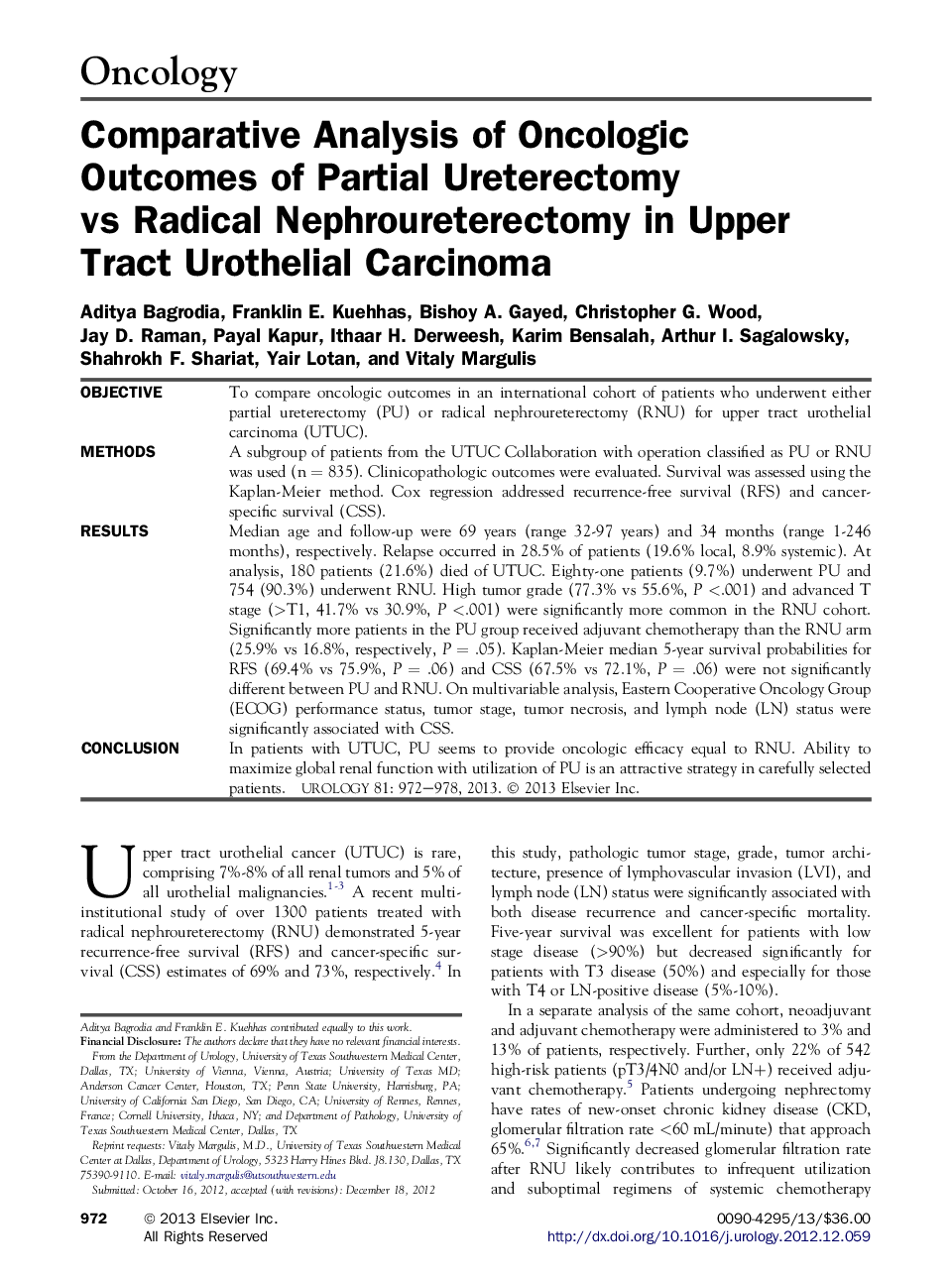 Comparative Analysis of Oncologic Outcomes of Partial Ureterectomy vs Radical Nephroureterectomy in Upper Tract Urothelial Carcinoma