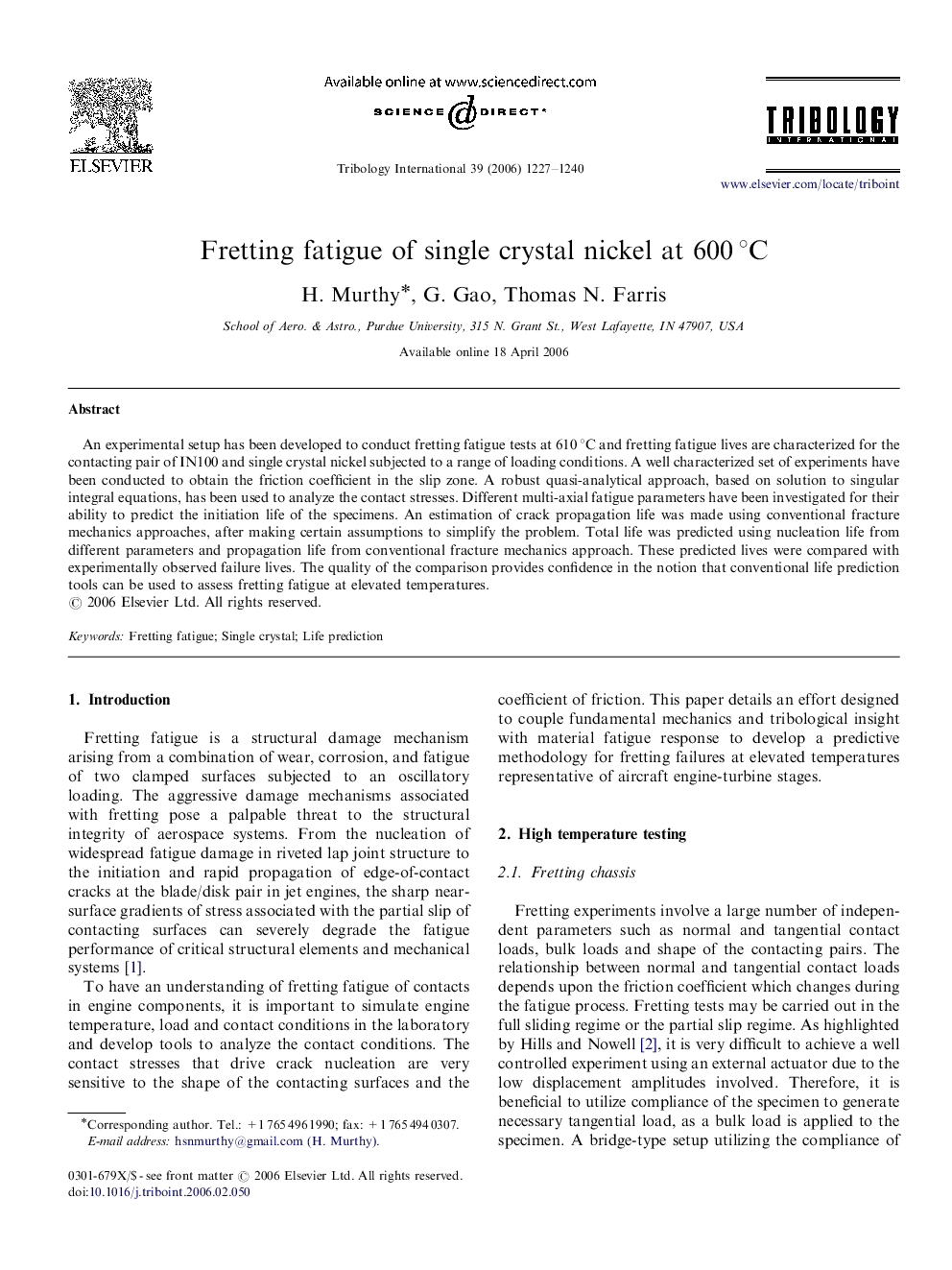 Fretting fatigue of single crystal nickel at 600Â Â°C