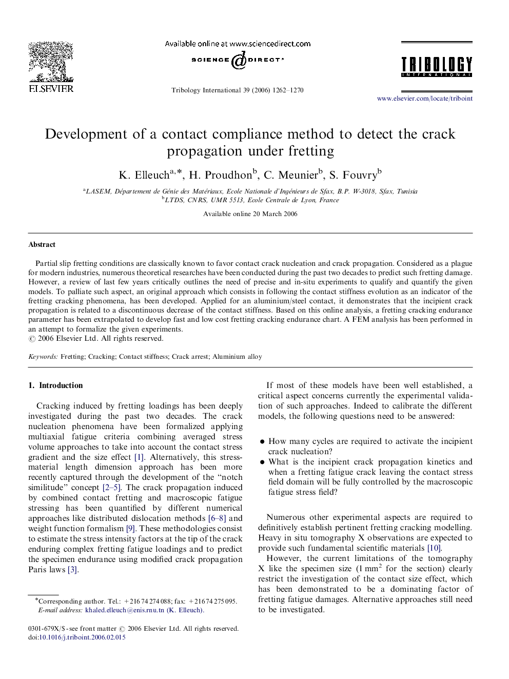 Development of a contact compliance method to detect the crack propagation under fretting