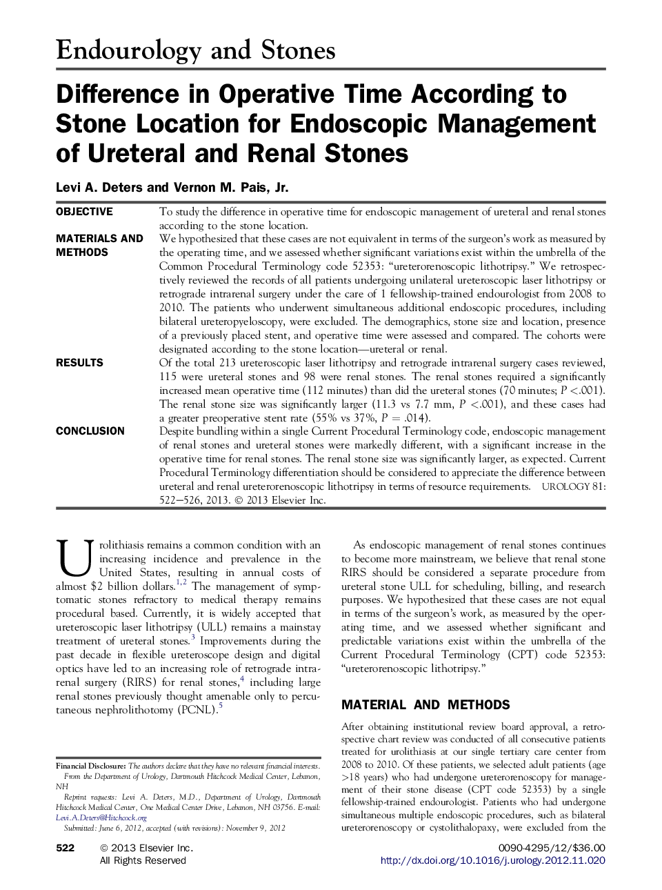 Difference in Operative Time According to Stone Location for Endoscopic Management of Ureteral and Renal Stones