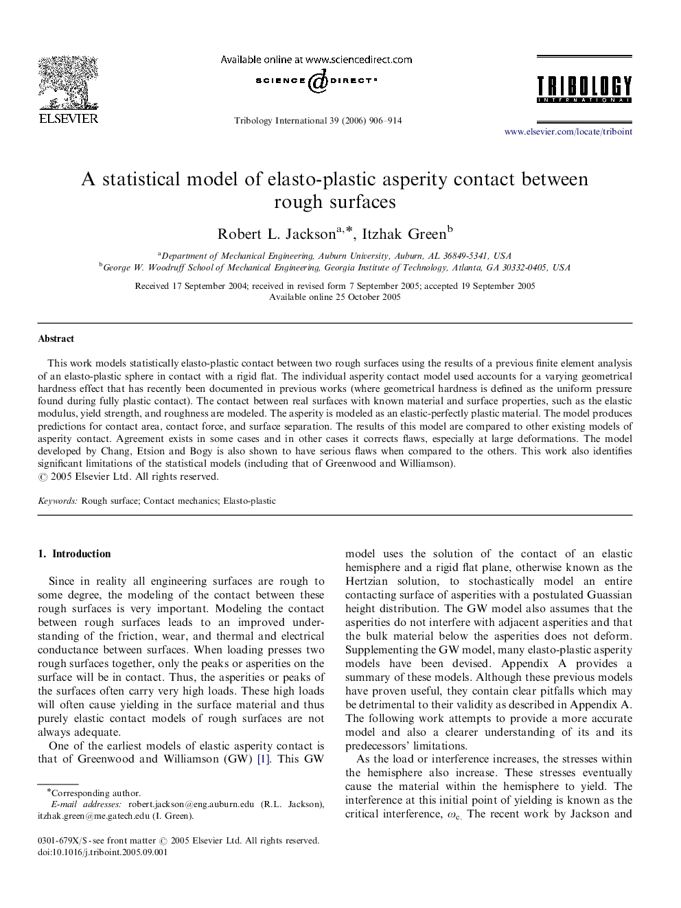 A statistical model of elasto-plastic asperity contact between rough surfaces
