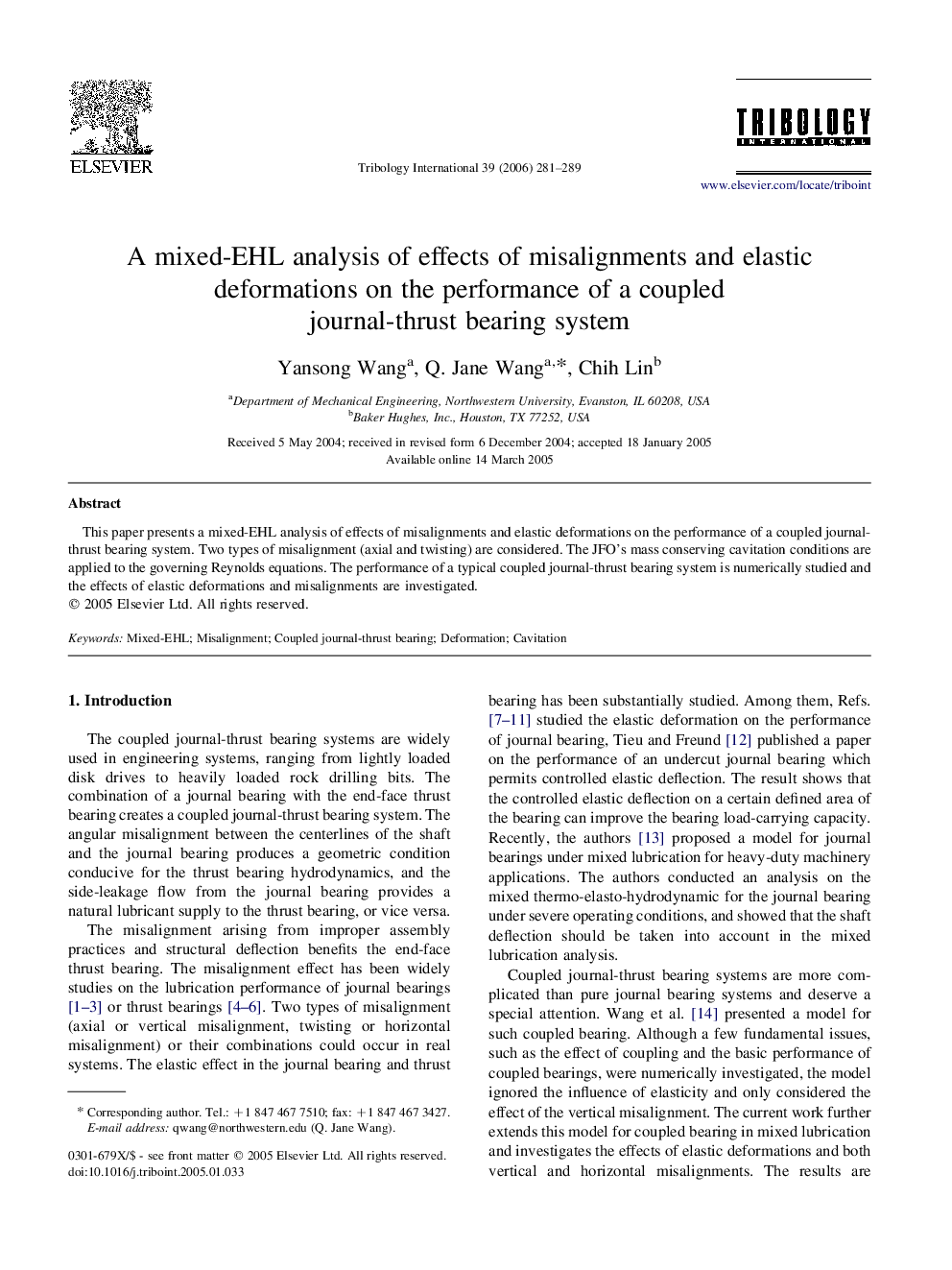 A mixed-EHL analysis of effects of misalignments and elastic deformations on the performance of a coupled journal-thrust bearing system