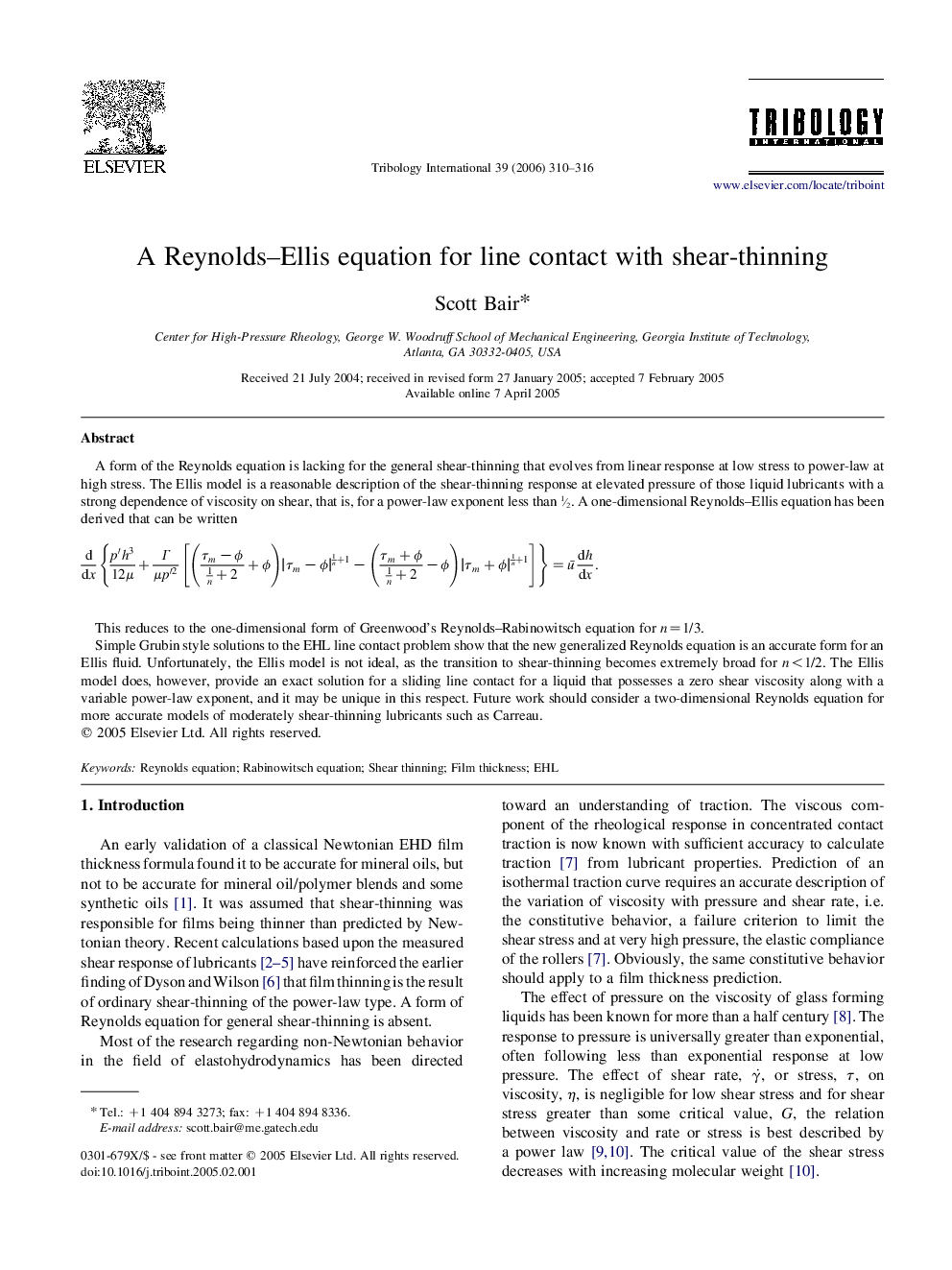 A Reynolds–Ellis equation for line contact with shear-thinning