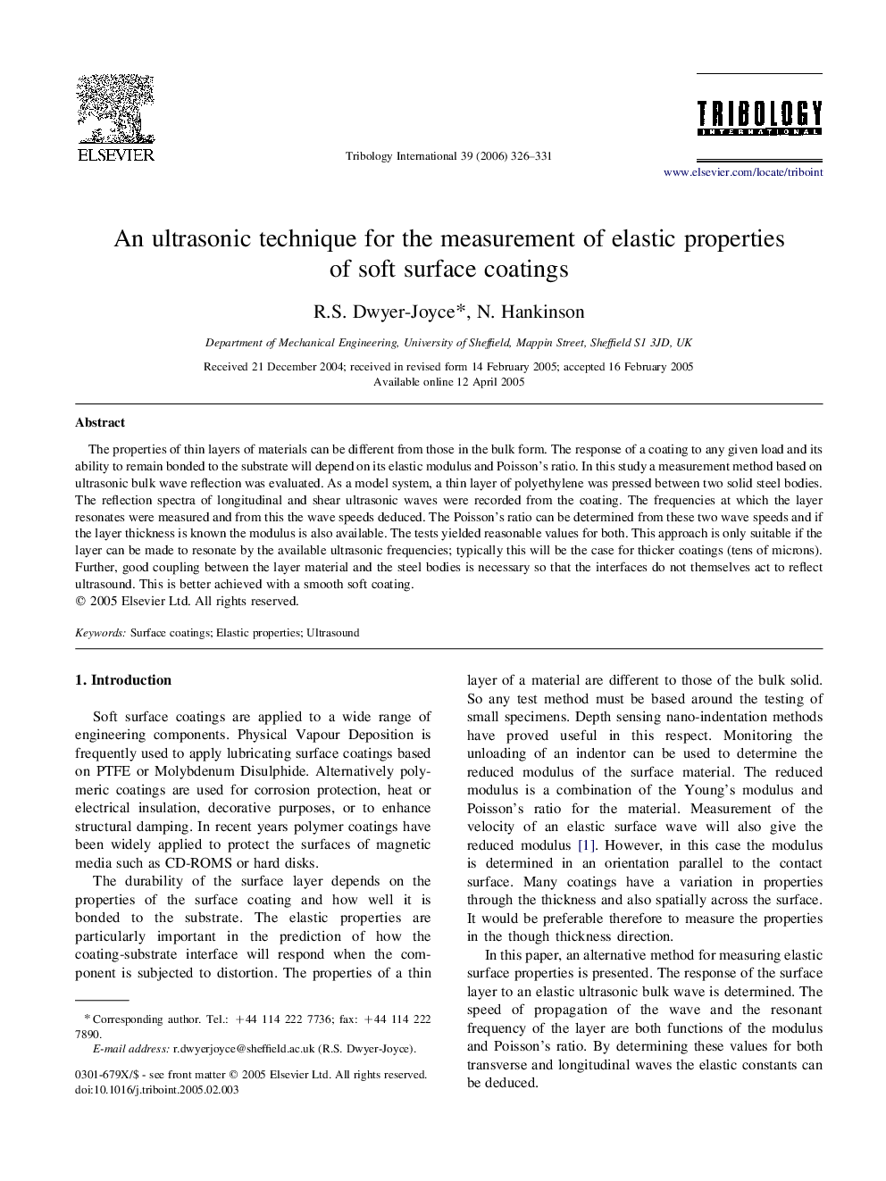 An ultrasonic technique for the measurement of elastic properties of soft surface coatings