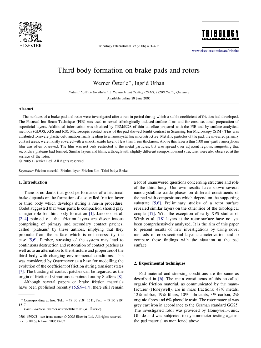 Third body formation on brake pads and rotors