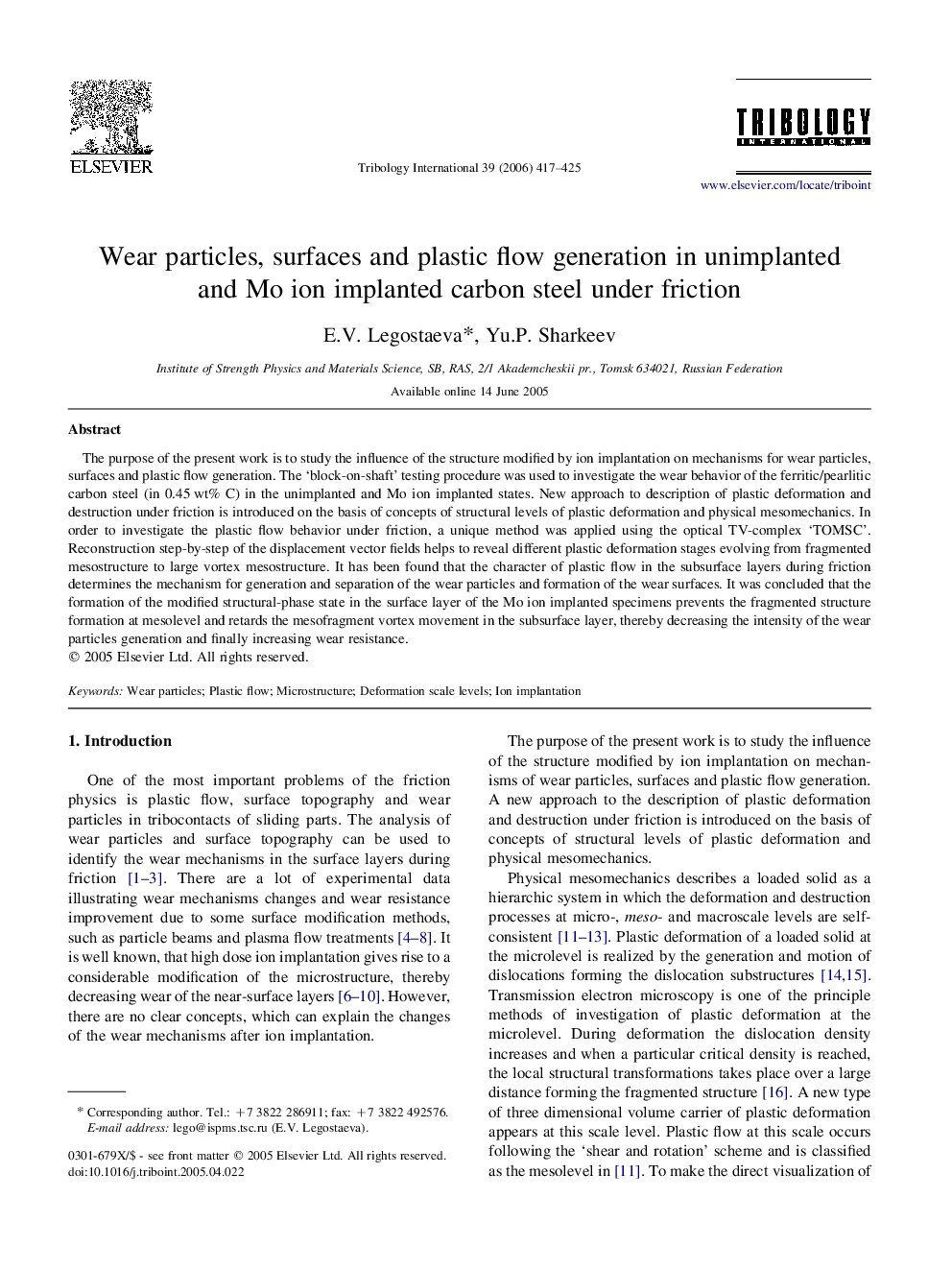 عکس صفحه اول مقاله: Wear particles, surfaces and plastic flow generation in unimplanted and Mo ion implanted carbon steel under friction Wear particles, surfaces and plastic flow generation in unimplanted and Mo ion implanted carbon steel under friction