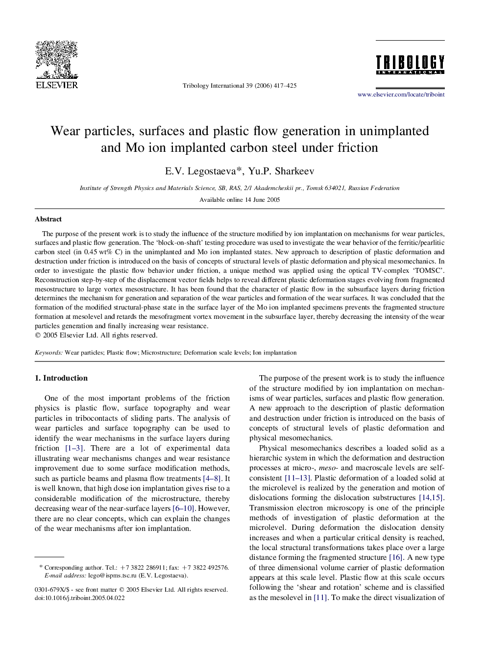 Wear particles, surfaces and plastic flow generation in unimplanted and Mo ion implanted carbon steel under friction