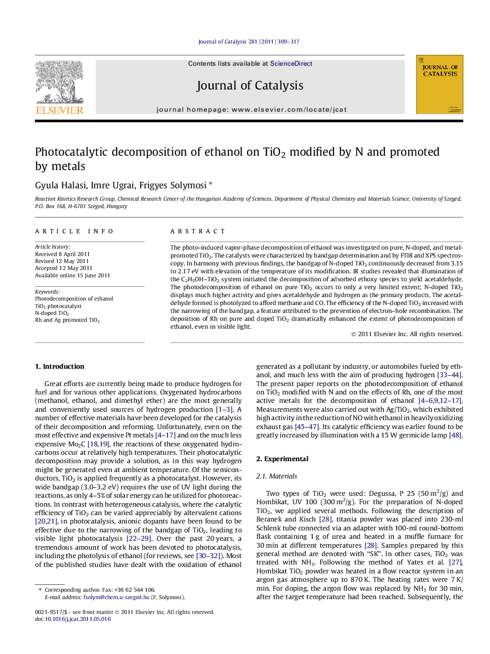 Photocatalytic decomposition of ethanol on TiO2 modified by N and promoted by metals