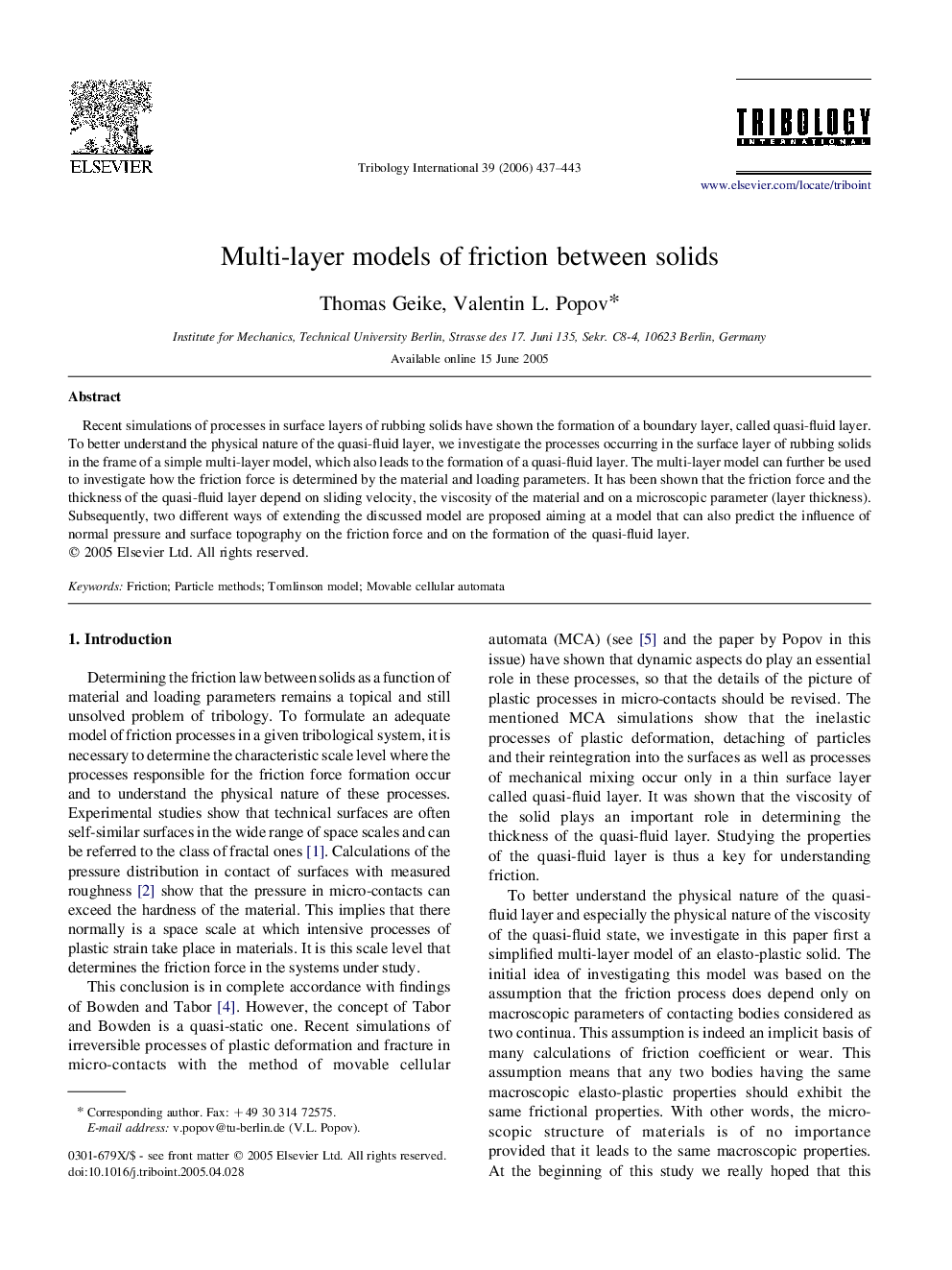 Multi-layer models of friction between solids