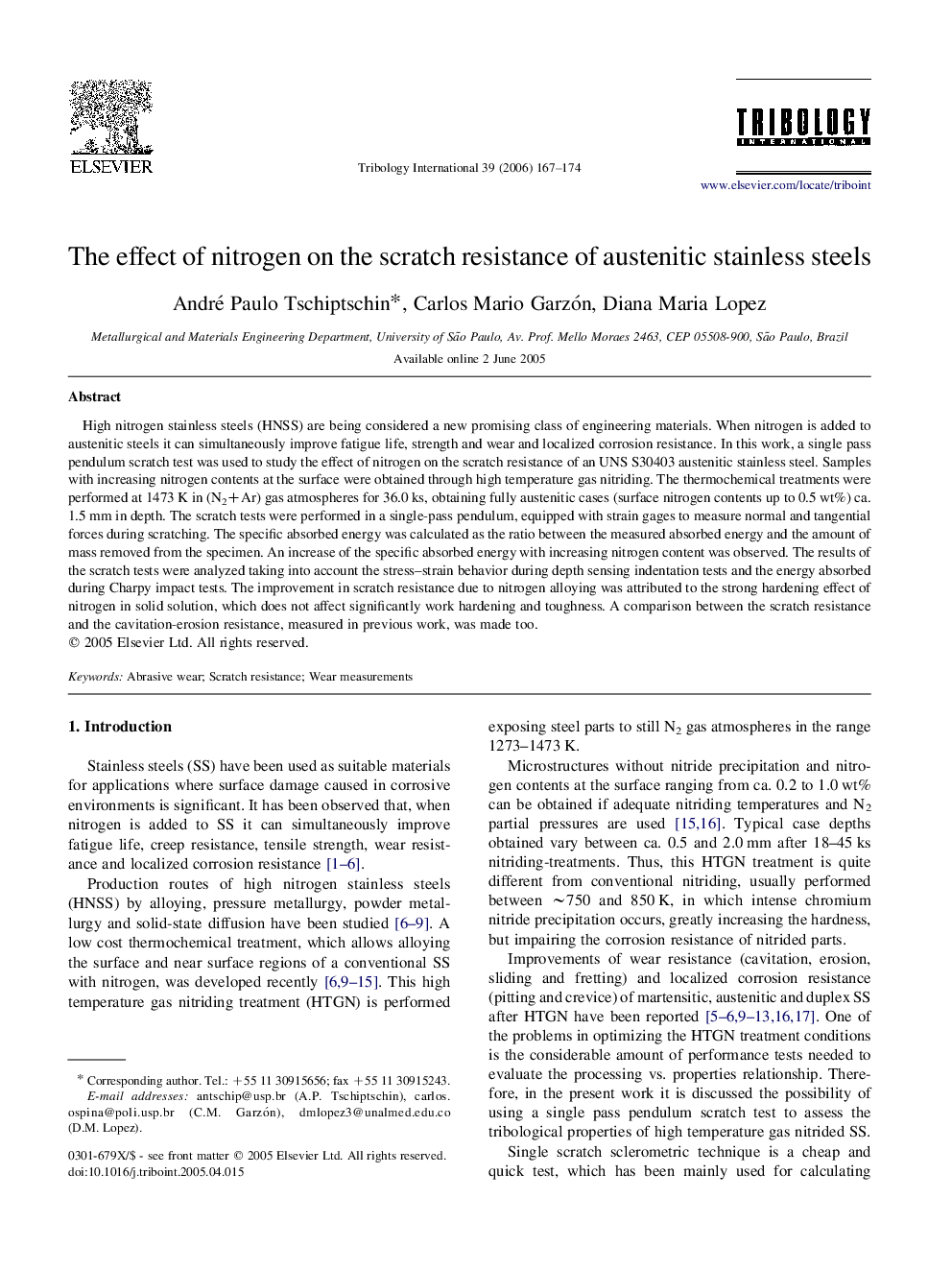 The effect of nitrogen on the scratch resistance of austenitic stainless steels