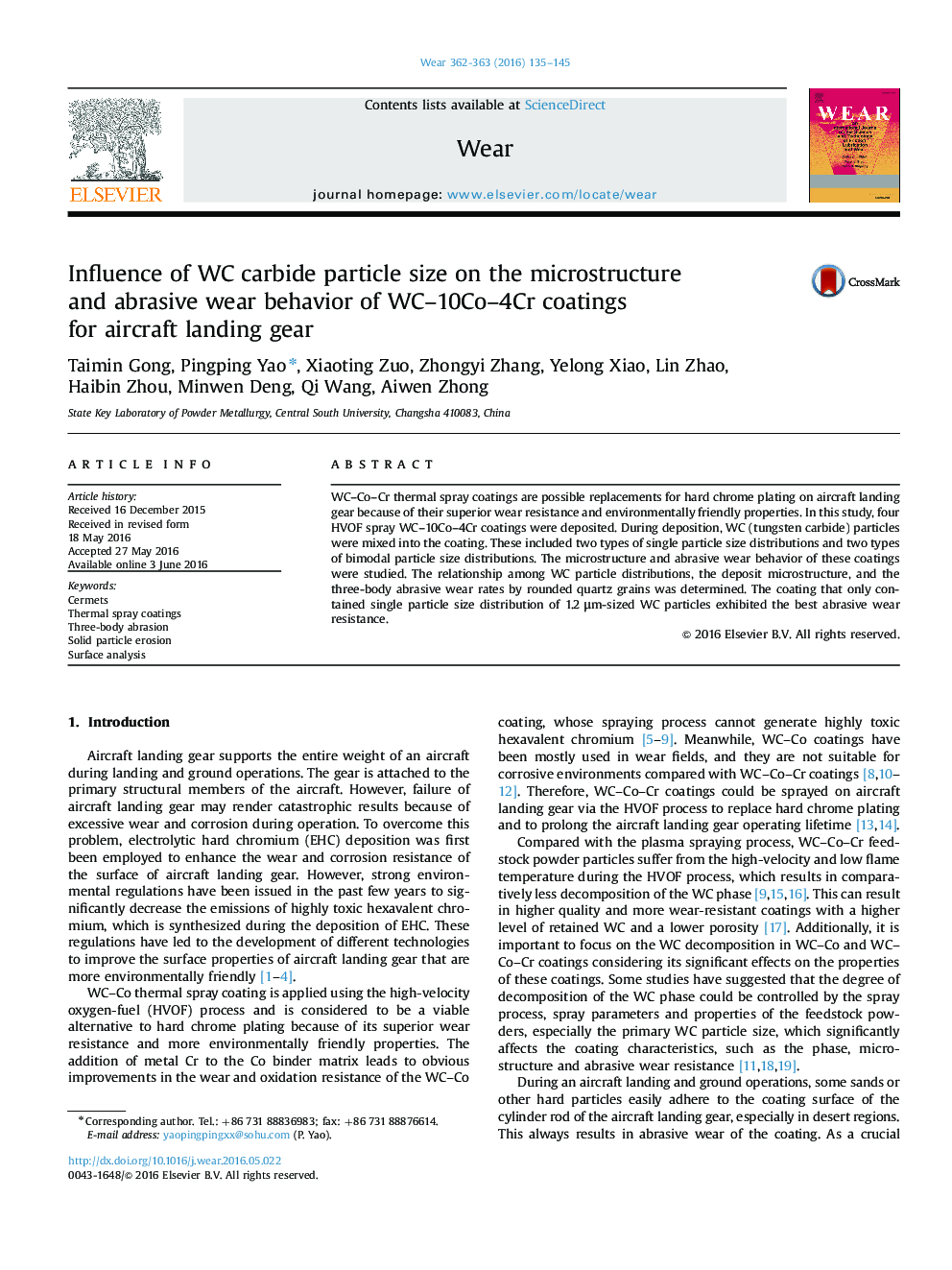 Influence of WC carbide particle size on the microstructure and abrasive wear behavior of WC-10Co-4Cr coatings for aircraft landing gear