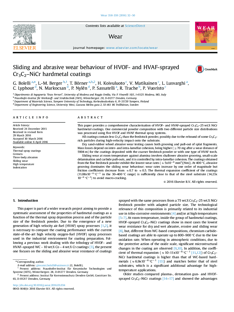 Sliding and abrasive wear behaviour of HVOF- and HVAF-sprayed Cr3C2-NiCr hardmetal coatings