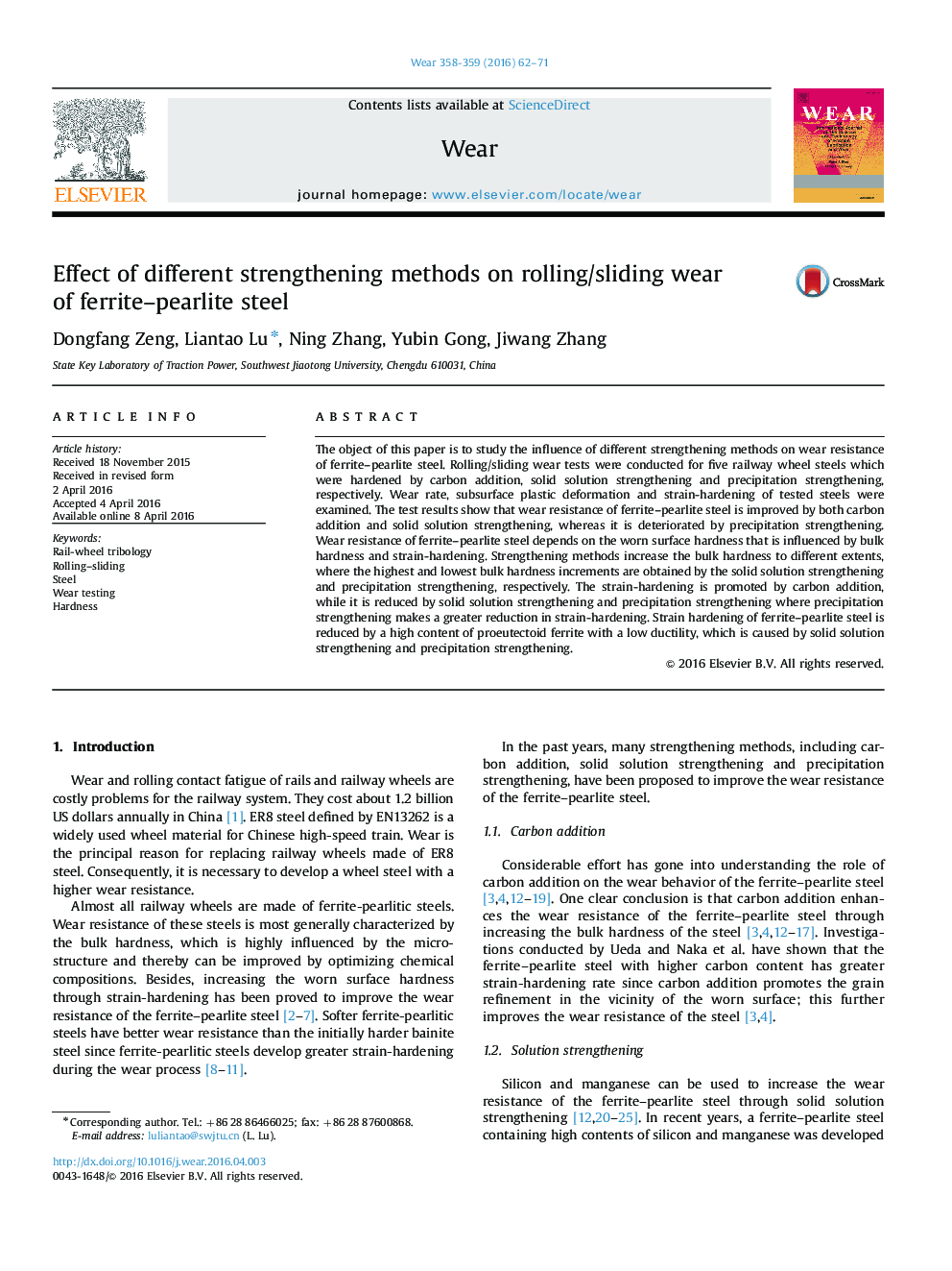 Effect of different strengthening methods on rolling/sliding wear of ferrite-pearlite steel