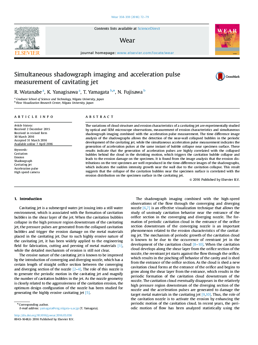 Simultaneous shadowgraph imaging and acceleration pulse measurement of cavitating jet