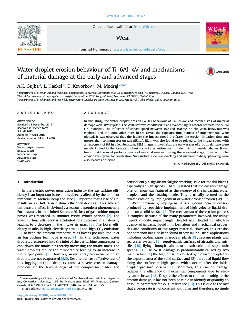 Water droplet erosion behaviour of Ti-6Al-4V and mechanisms of material damage at the early and advanced stages