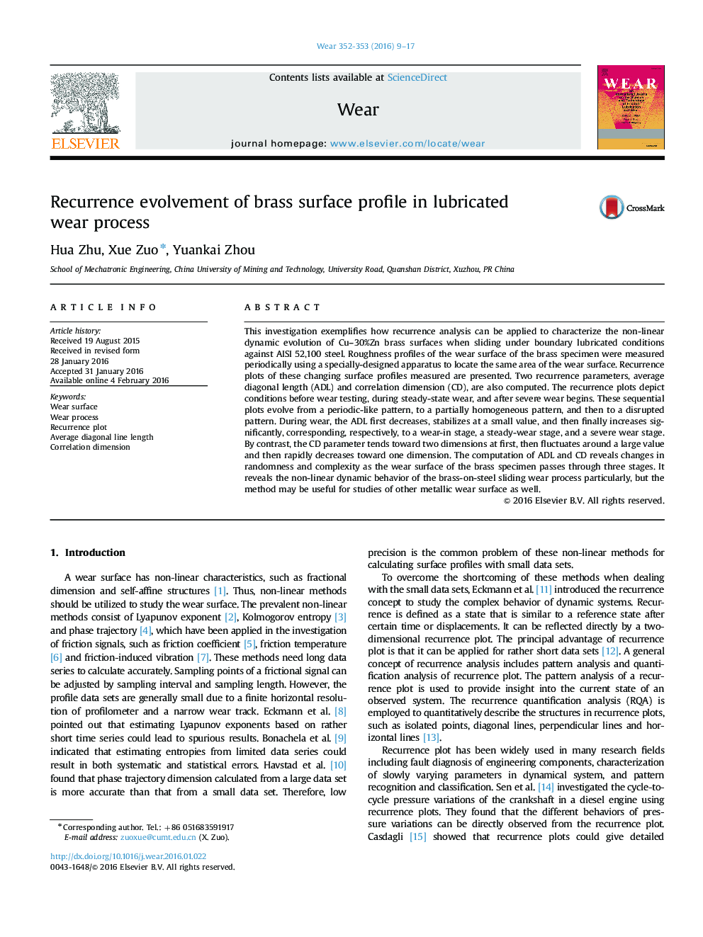 Recurrence evolvement of brass surface profile in lubricated wear process