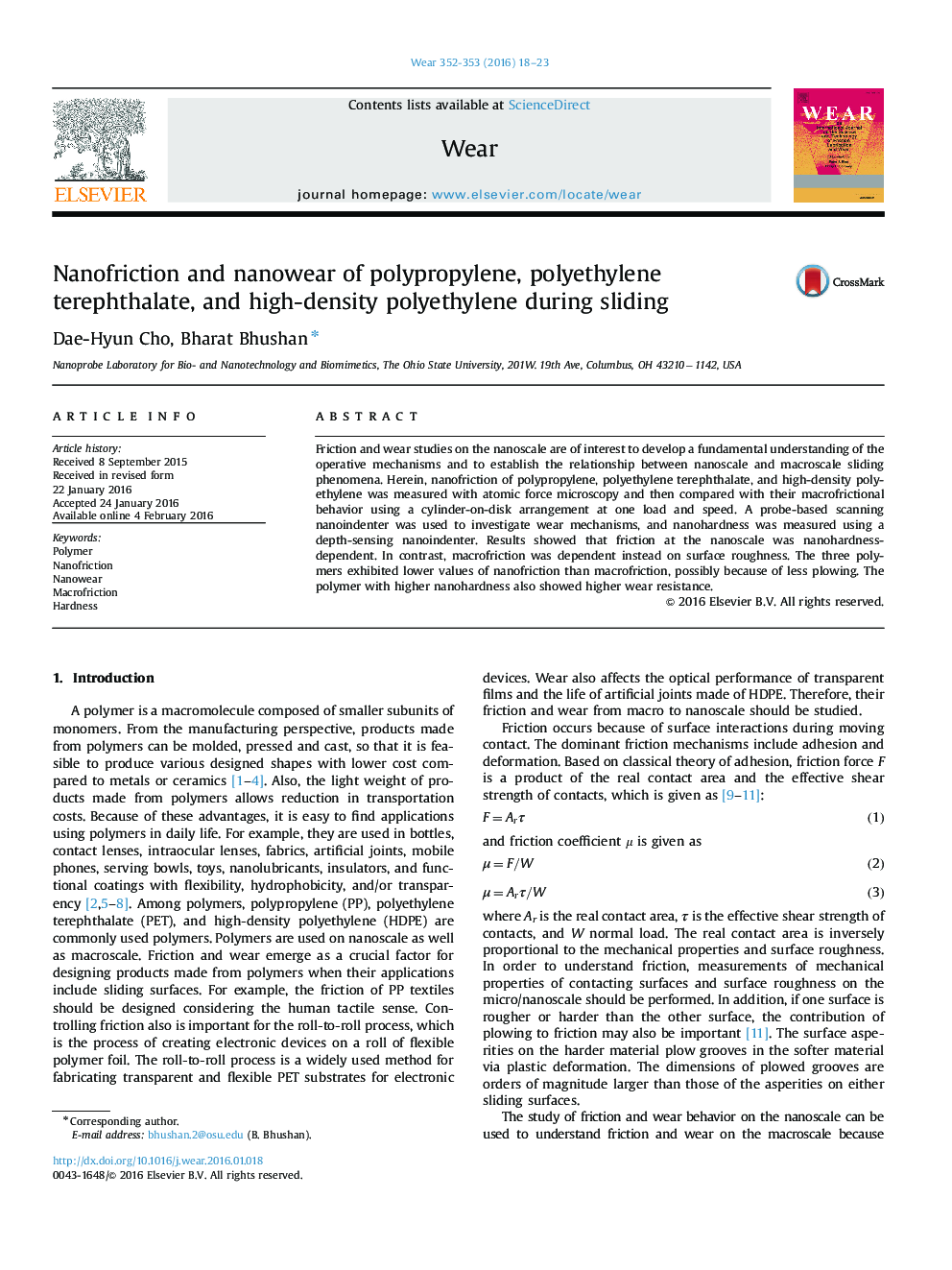 Nanofriction and nanowear of polypropylene, polyethylene terephthalate, and high-density polyethylene during sliding