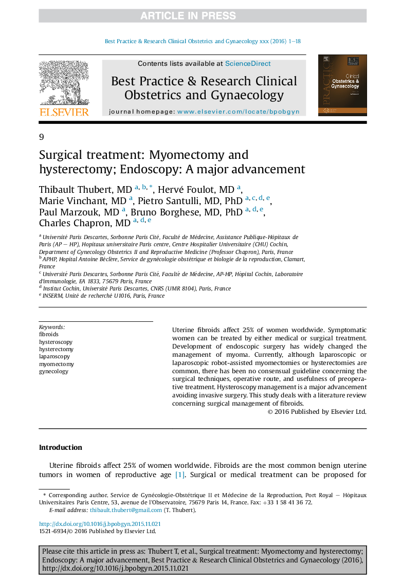 Surgical treatment: Myomectomy and hysterectomy; Endoscopy: A major advancement