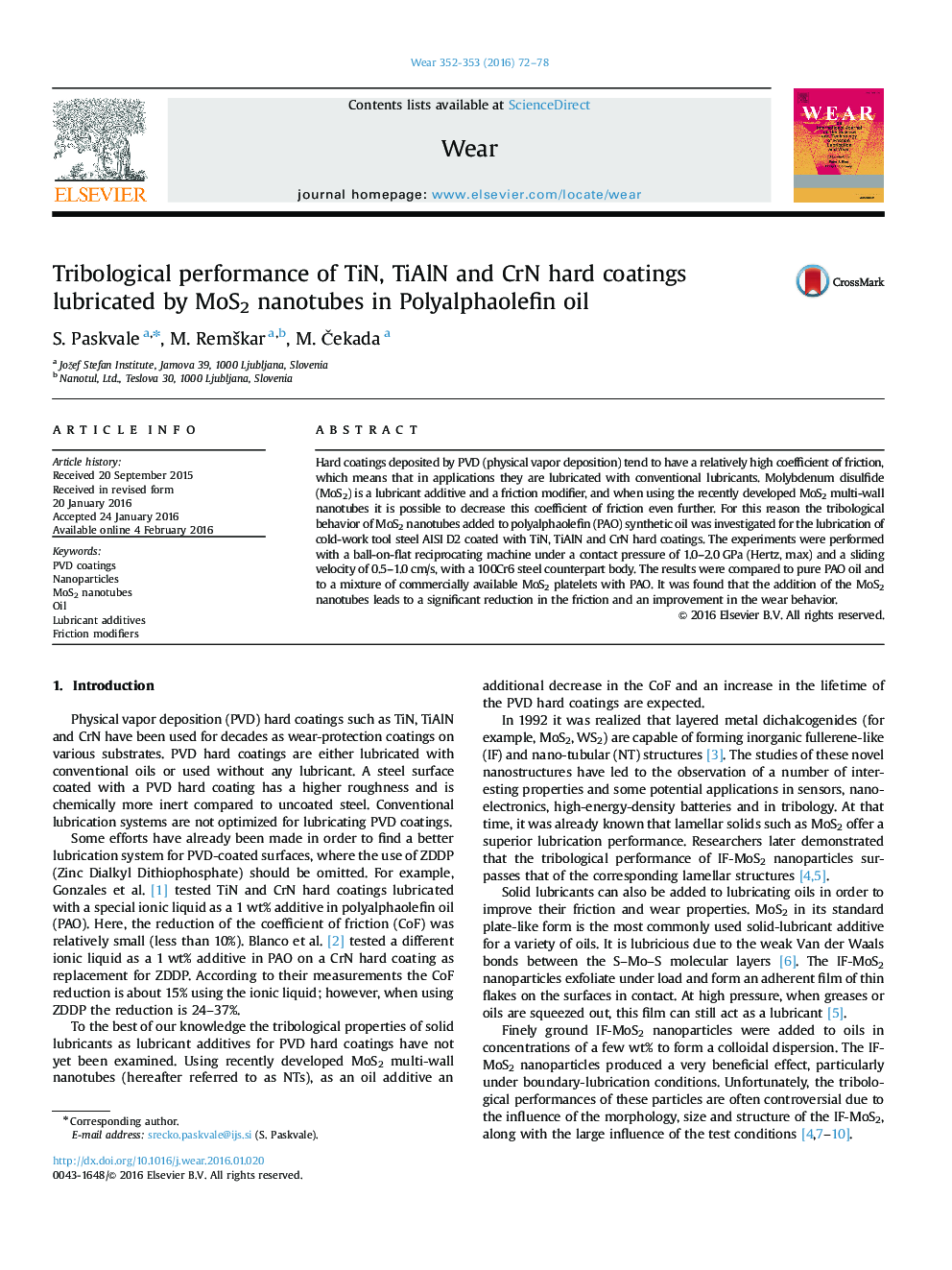 Tribological performance of TiN, TiAlN and CrN hard coatings lubricated by MoS2 nanotubes in Polyalphaolefin oil