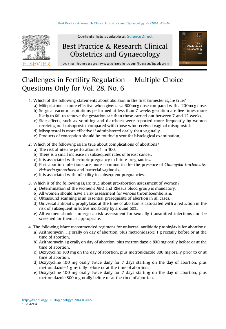 Challenges in Fertility Regulation - Multiple Choice Questions Only for Vol. 28, No. 6