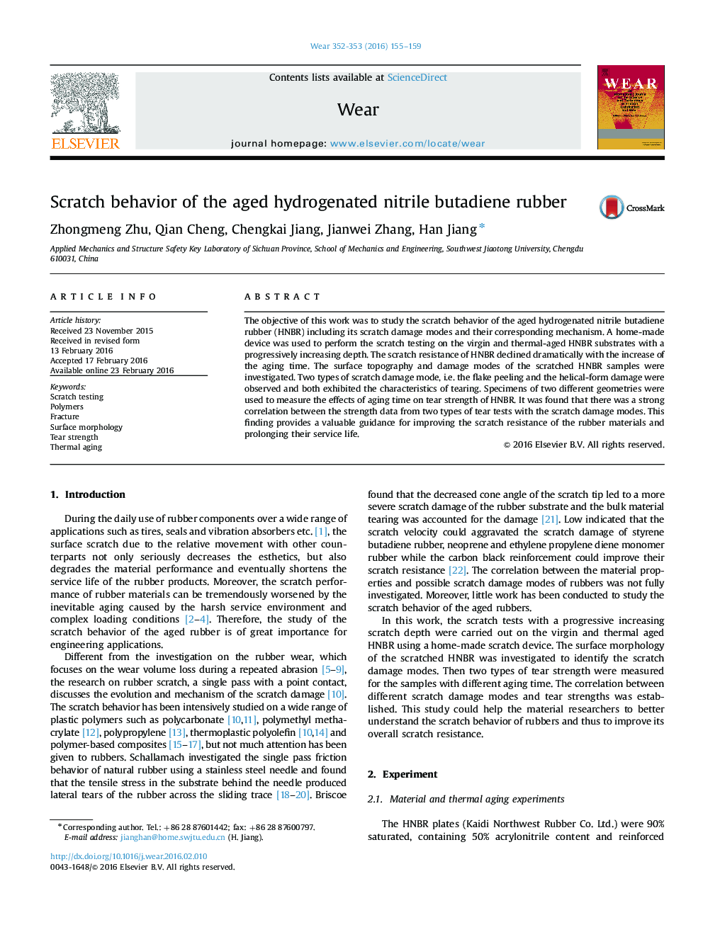 Scratch behavior of the aged hydrogenated nitrile butadiene rubber