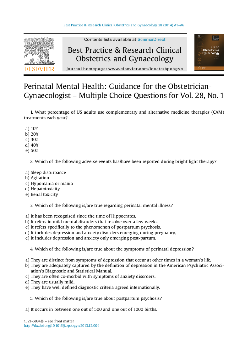 Perinatal Mental Health: Guidance for the Obstetrician-Gynaecologist - Multiple Choice Questions for Vol. 28, No. 1