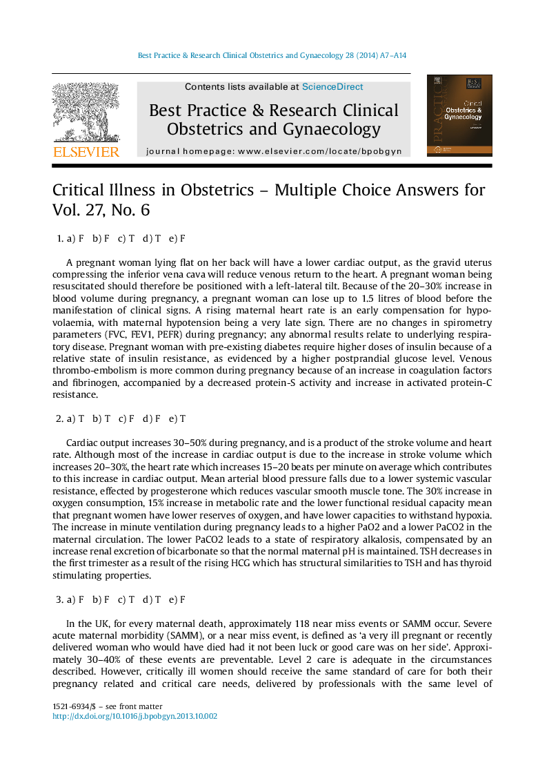 Critical Illness in Obstetrics - Multiple Choice Answers for Vol. 27, No. 6