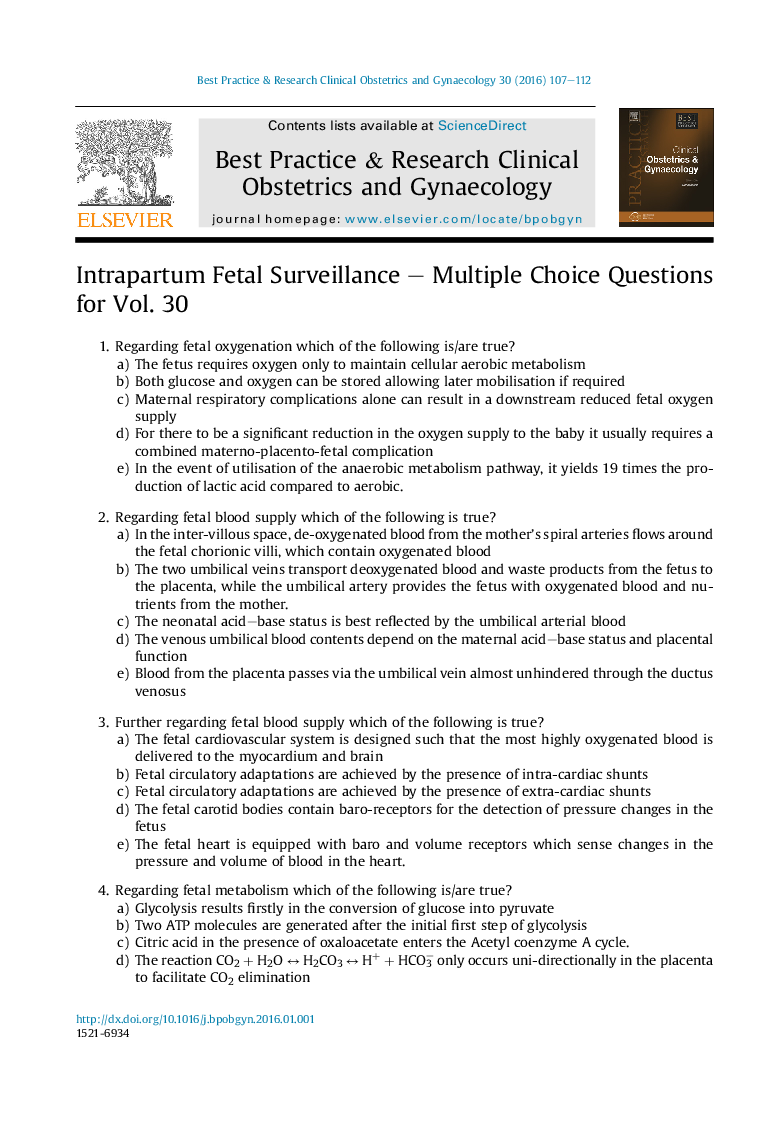 Intrapartum Fetal Surveillance - Multiple Choice Questions for Vol. 30