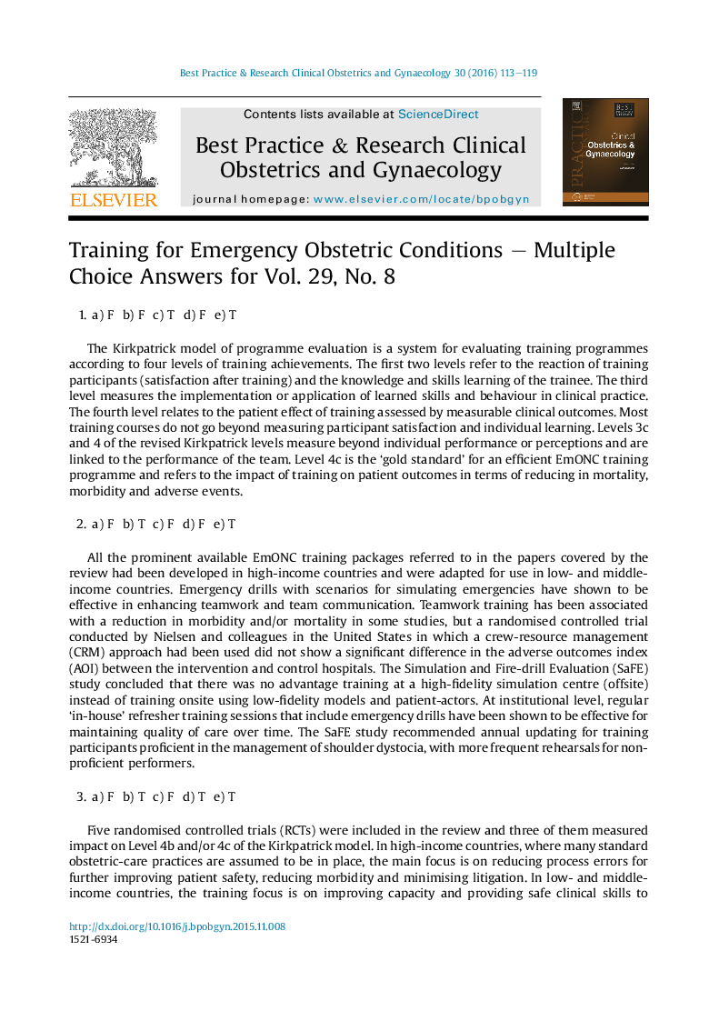 Training for Emergency Obstetric Conditions - Multiple Choice Answers for Vol. 29, No. 8