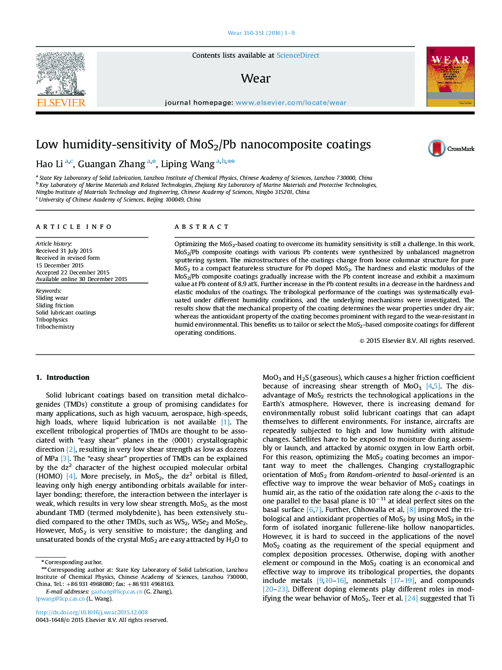 Low humidity-sensitivity of MoS2/Pb nanocomposite coatings