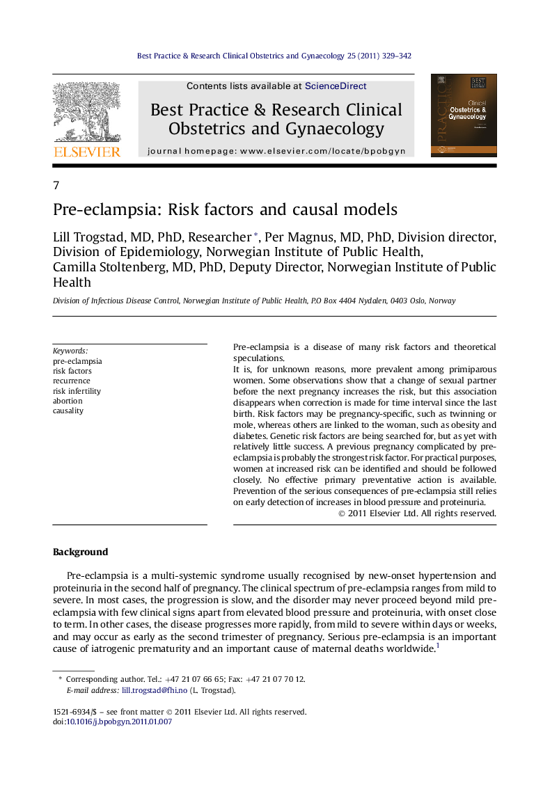 Pre-eclampsia: Risk factors and causal models