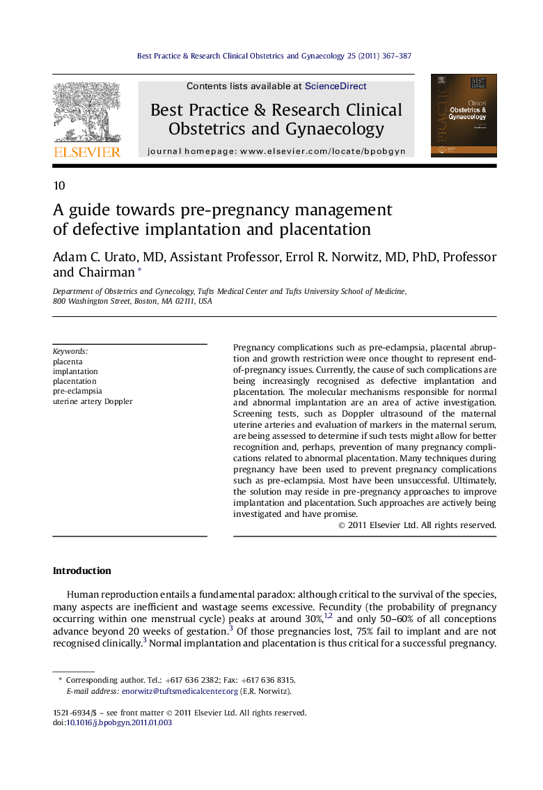 A guide towards pre-pregnancy management of defective implantation and placentation