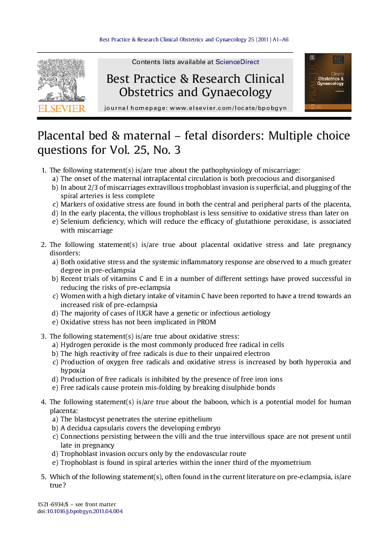 Placental bed & maternal - fetal disorders: Multiple choice questions for Vol. 25, No. 3