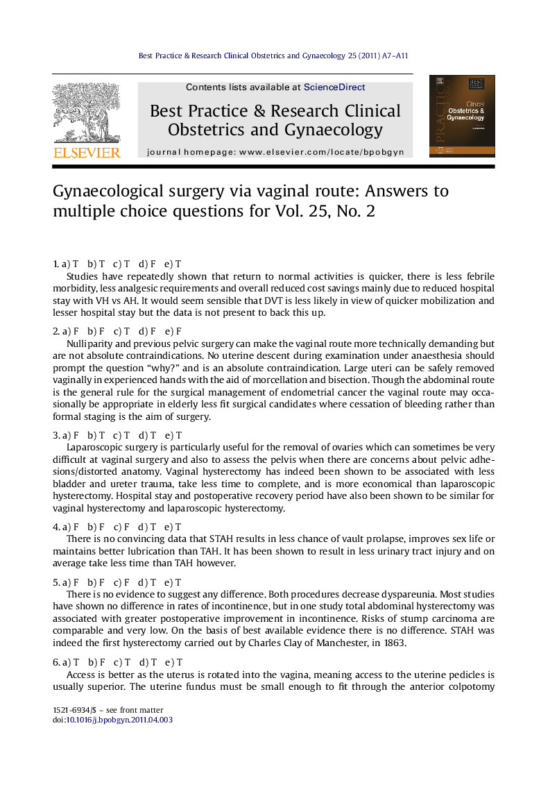 Gynaecological surgery via vaginal route: Answers to multiple choice questions for Vol. 25, No. 2