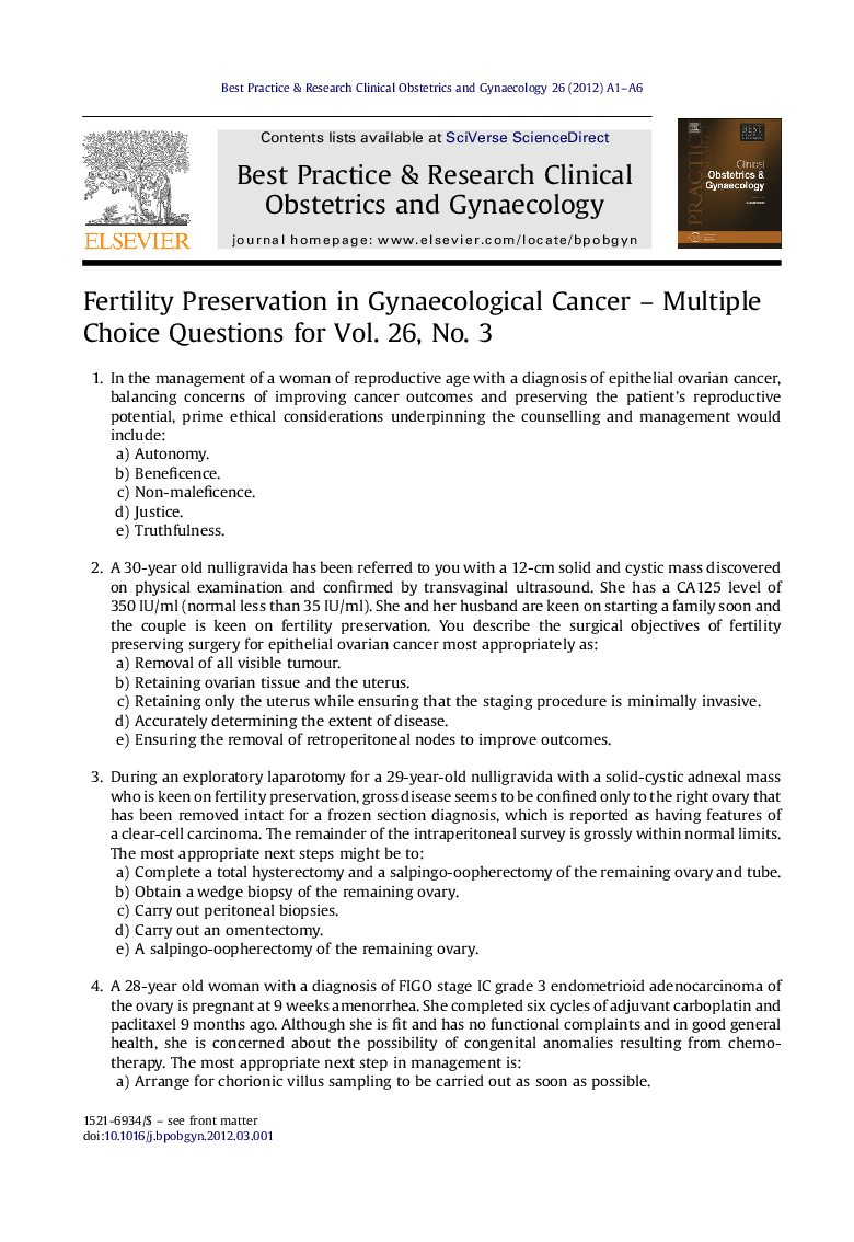 Fertility Preservation in Gynaecological Cancer - Multiple Choice Questions for Vol. 26, No. 3