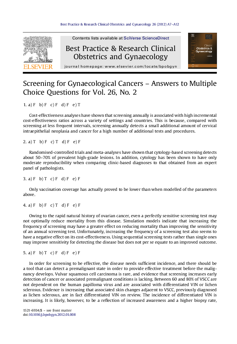 Screening for Gynaecological Cancers - Answers to Multiple Choice Questions for Vol. 26, No. 2