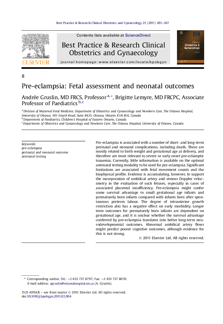 Pre-eclampsia: Fetal assessment and neonatal outcomes