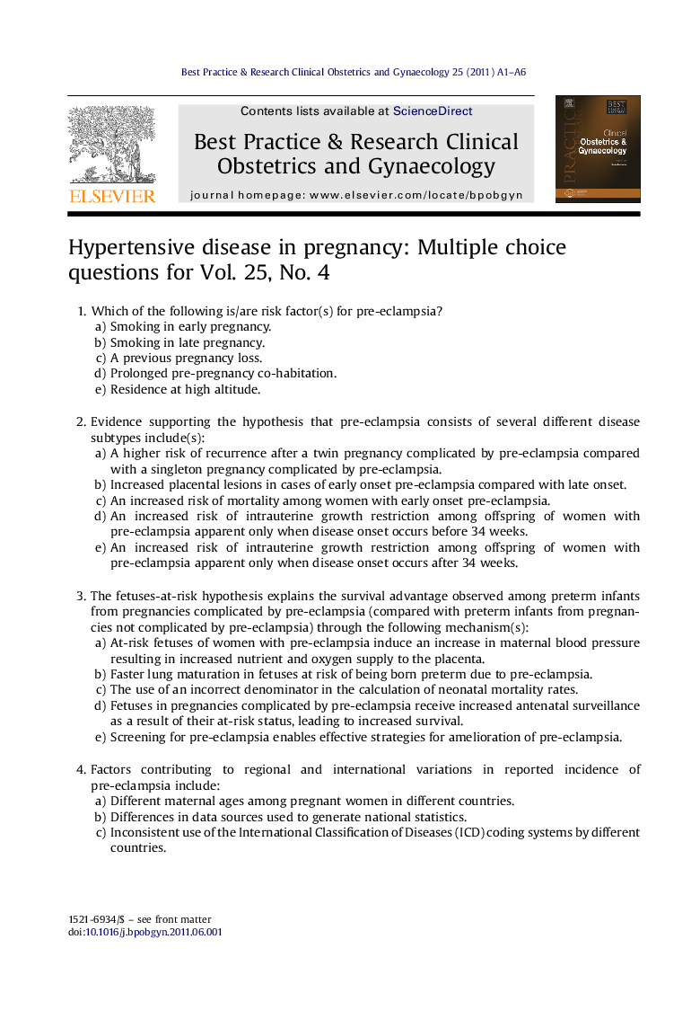Hypertensive disease in pregnancy: Multiple choice questions for Vol. 25, No. 4