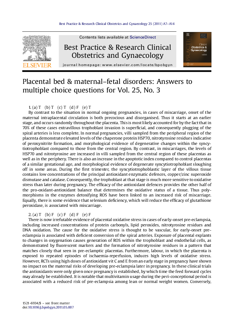 Placental bed & maternal-fetal disorders: Answers to multiple choice questions for Vol. 25, No. 3