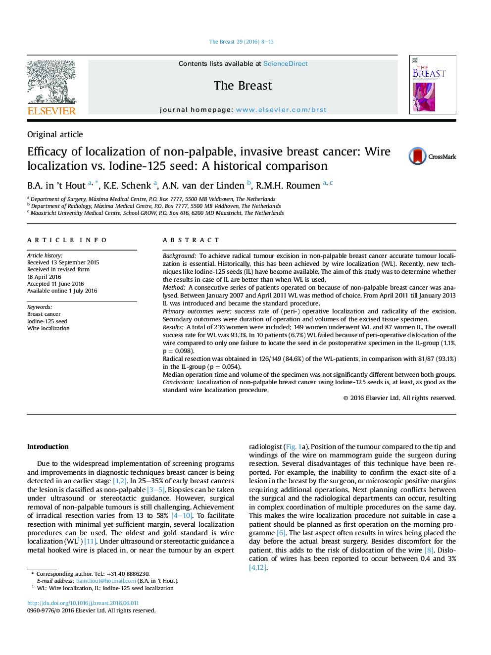 Efficacy of localization of non-palpable, invasive breast cancer: Wire localization vs. Iodine-125 seed: A historical comparison