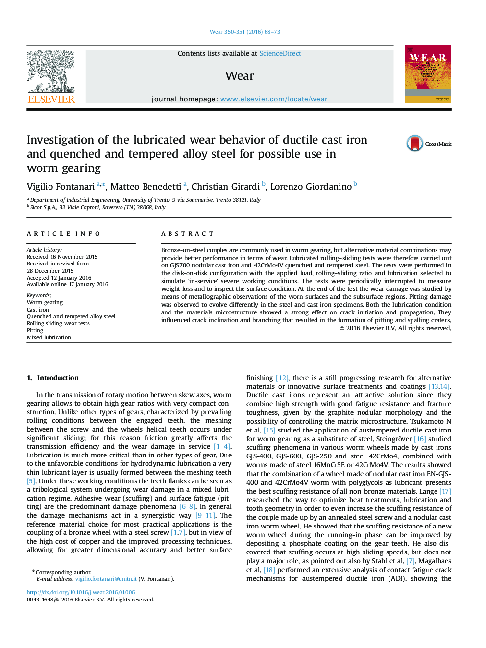 Investigation of the lubricated wear behavior of ductile cast iron and quenched and tempered alloy steel for possible use in worm gearing