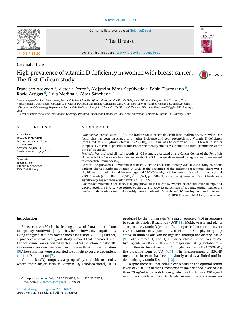 High prevalence of vitamin D deficiency in women with breast cancer: The first Chilean study