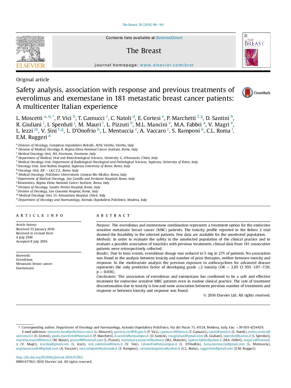 Safety analysis, association with response and previous treatments of everolimus and exemestane in 181 metastatic breast cancer patients: A multicenter Italian experience