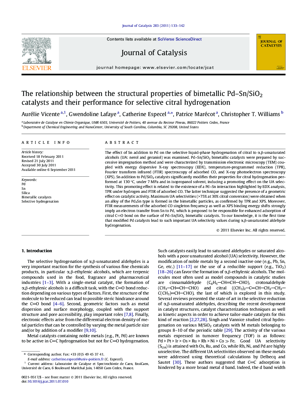 The relationship between the structural properties of bimetallic Pd–Sn/SiO2 catalysts and their performance for selective citral hydrogenation