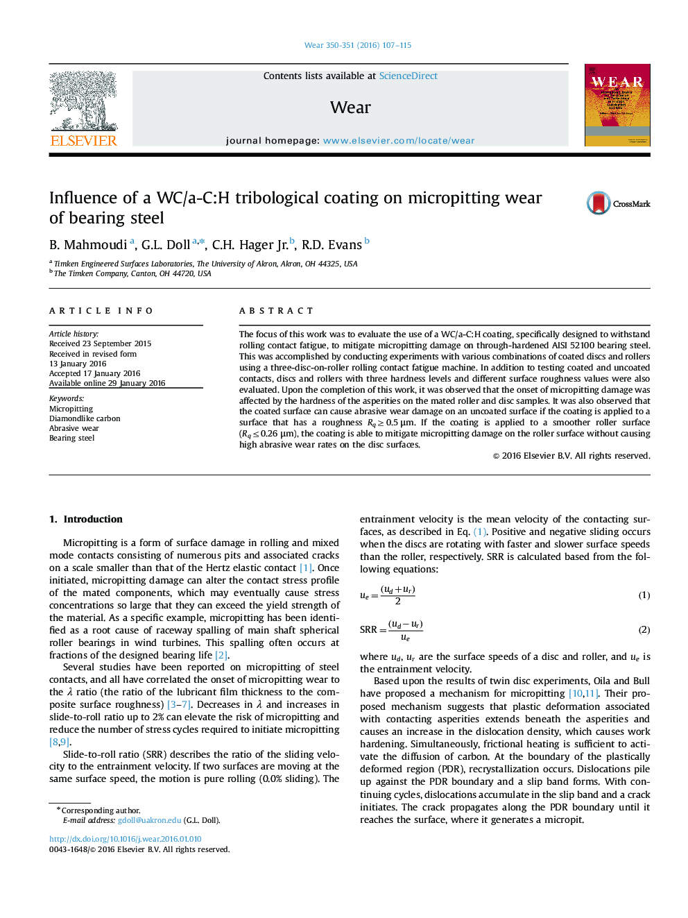 Influence of a WC/a-C:H tribological coating on micropitting wear of bearing steel