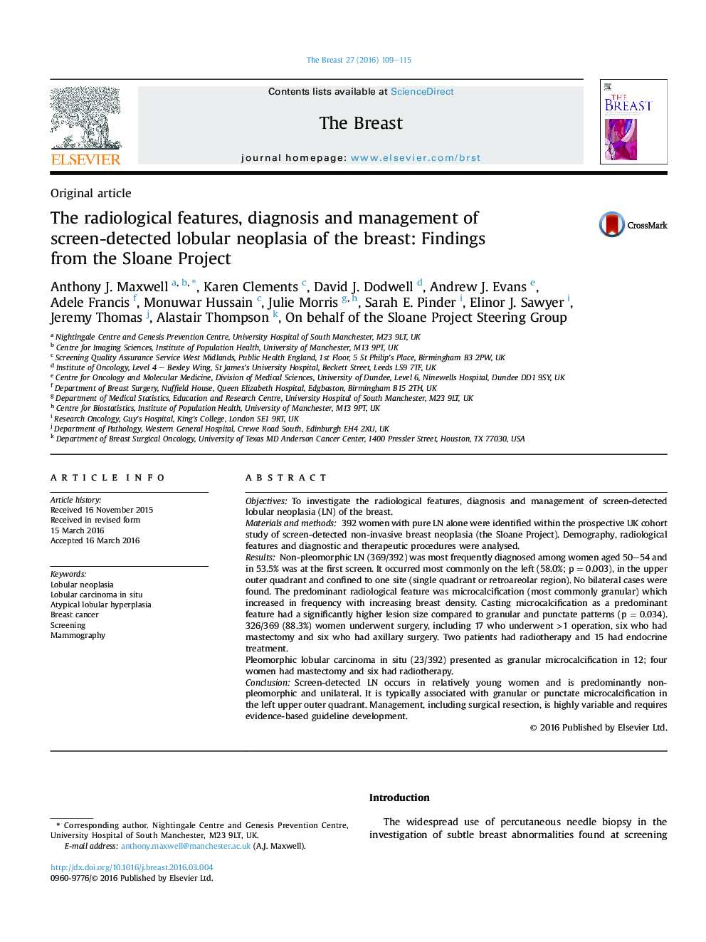 The radiological features, diagnosis and management of screen-detected lobular neoplasia of the breast: Findings from the Sloane Project