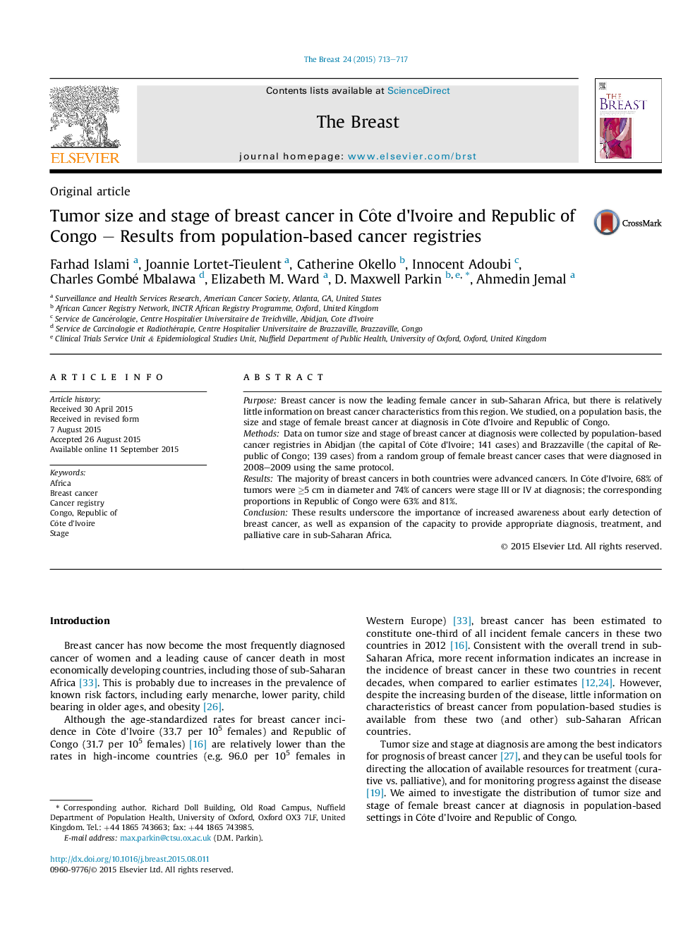 Tumor size and stage of breast cancer in CÃ´te d'Ivoire and Republic of Congo - Results from population-based cancer registries