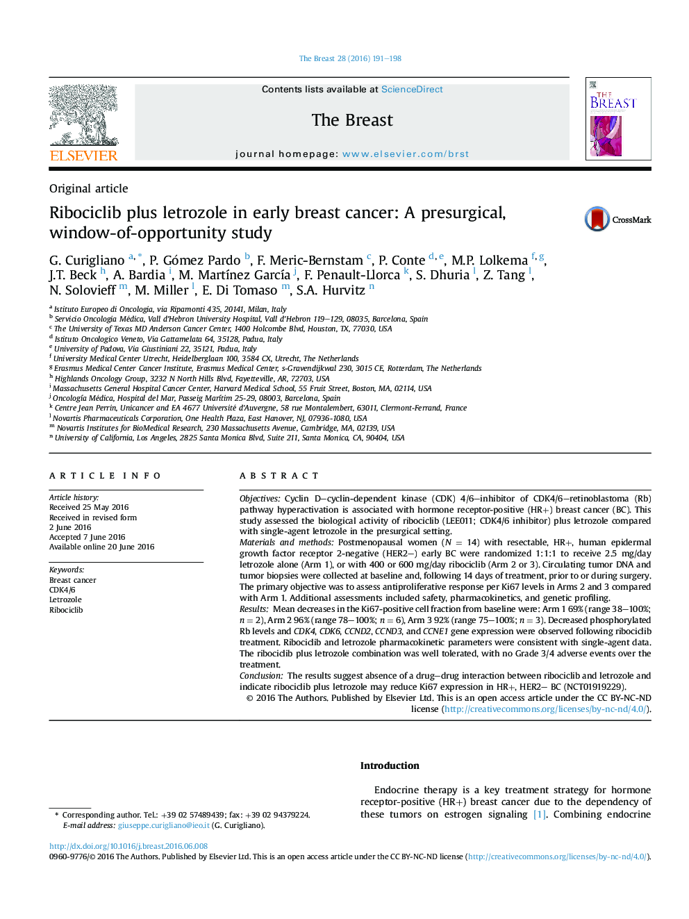 Ribociclib plus letrozole in early breast cancer: A presurgical, window-of-opportunity study